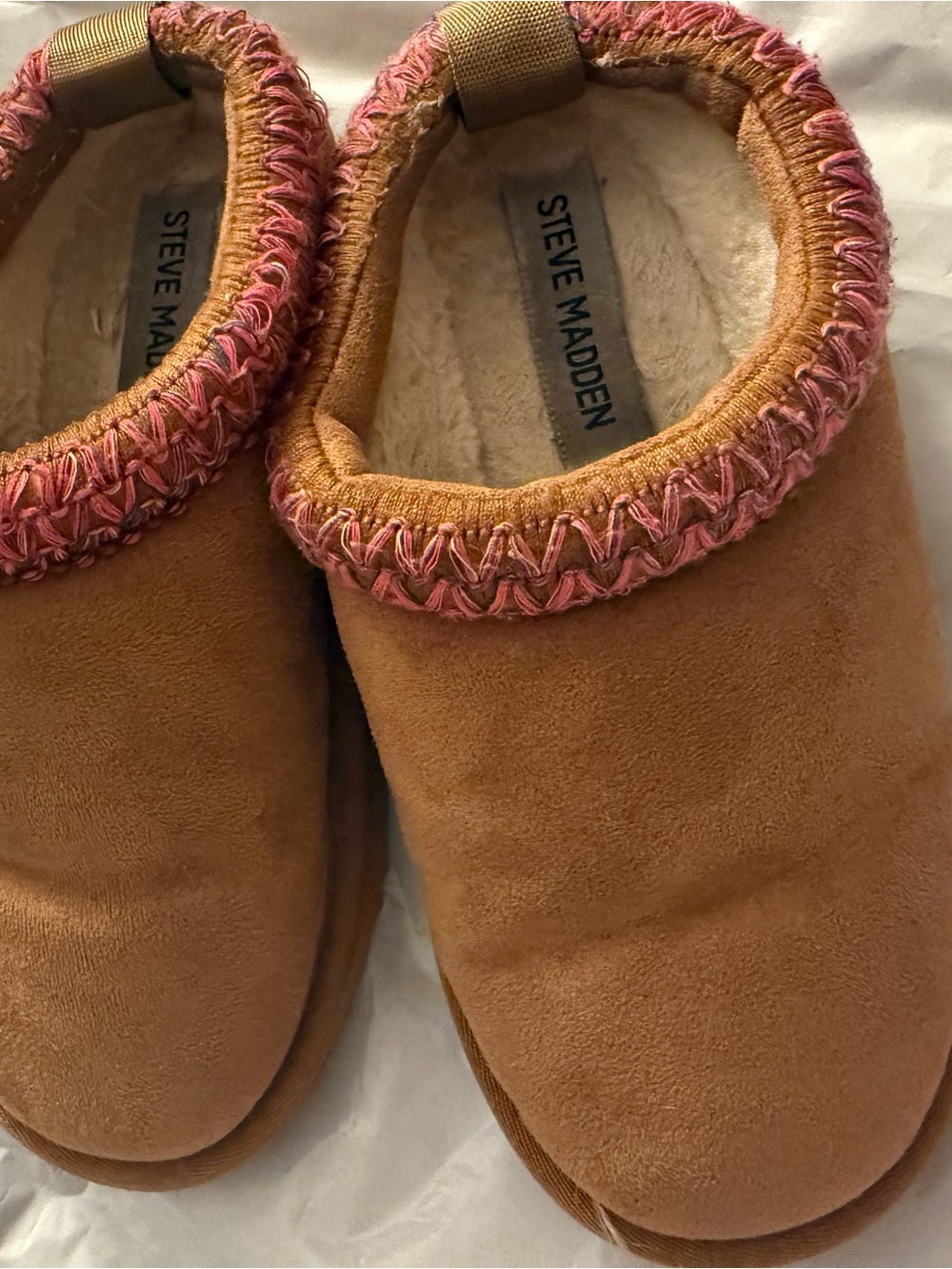 Steve Madden Tan Faux-Suede Slippers with Pink Trim